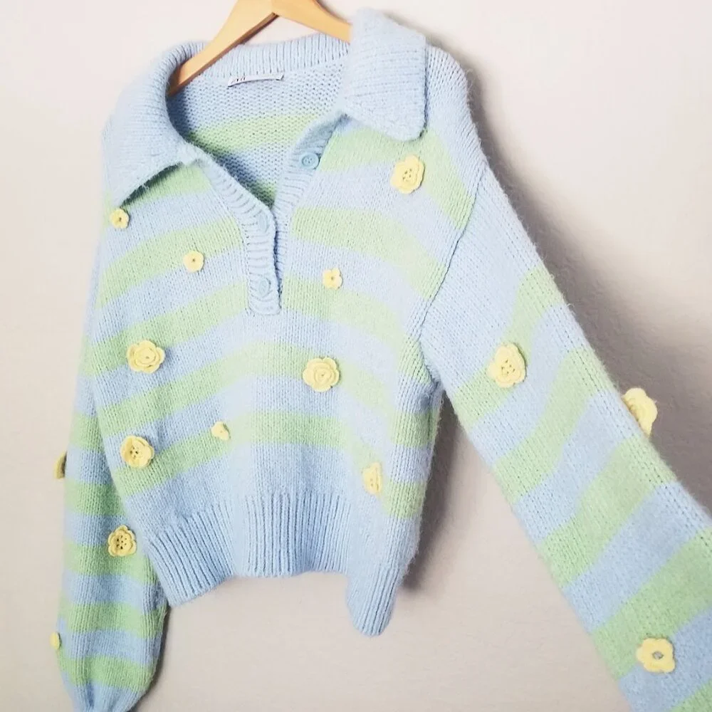 Zara Crochet 3D Floral Embroidered Striped Polo Collared Sweater L Blue Fairy - Picture 13 of 16